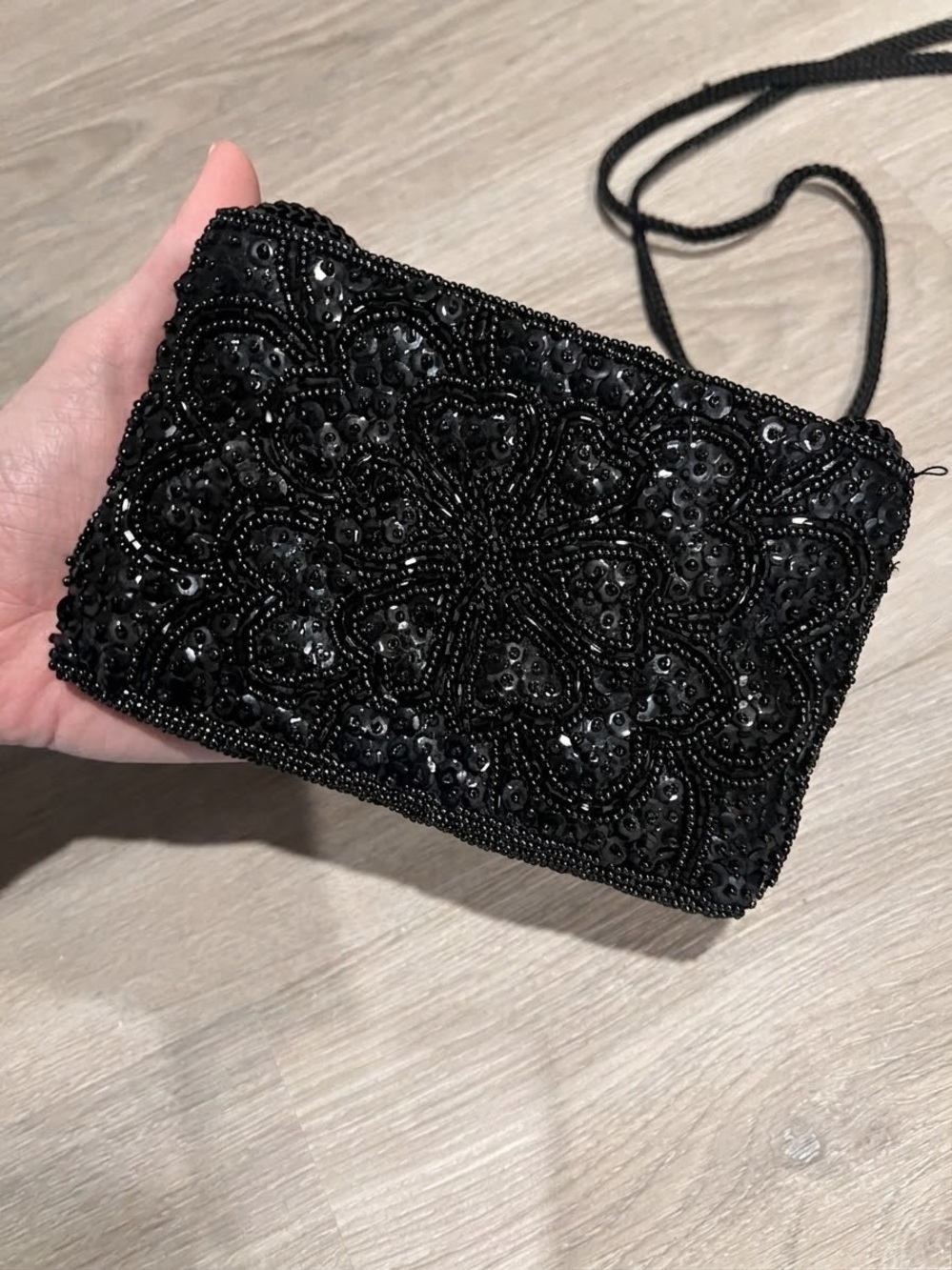 La Regale Black Beaded Floral Mini Crossbody Bag